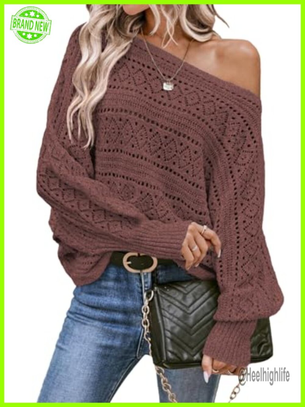 Womens Crochet Boat Neck Batwing Sleeve Loose Knit Pullover Sweater